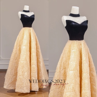 Dark blue strapless a-line light yellow ball gown dresses 
