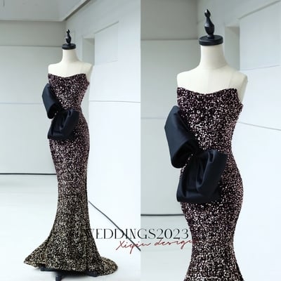 Lovely Strapless Sequined Mermaid Sheath Floor Length Black Bow Prom Dresses