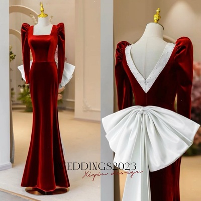 Red square collar long sleeves ivory satin and velvet with removed bow prom dress 