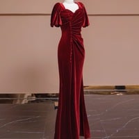 Burgundy Velvet Short Sleeves Mermaid Slit with Button Evening Dress - Thumbnail 2