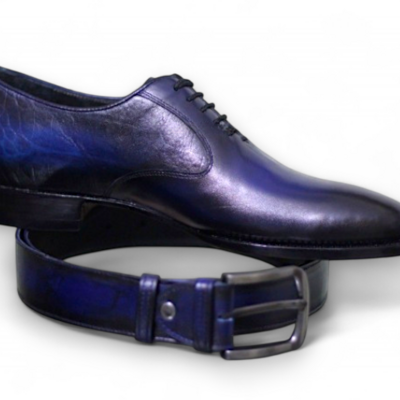 Crafted leather men blue leather oxford lace up dress shoes with matching belt