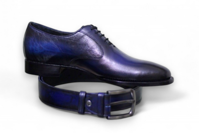 Crafted Leather Men Blue Leather Oxford Lace up Dress Shoes With Matching Belt 
