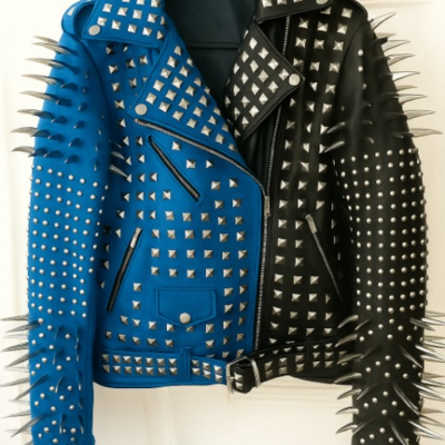 Crafted leather new handmade women's punk full long spiked studded brando blue black adorable leather jacket