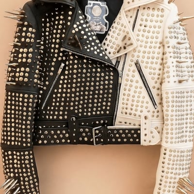 Crafted leather classy women black white leather studded jacket with silver studs and spikes