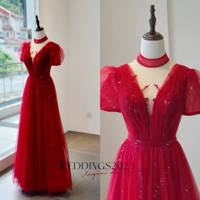Burgundy tulle sequin short sleeves long prom dress, burgundy evening dress