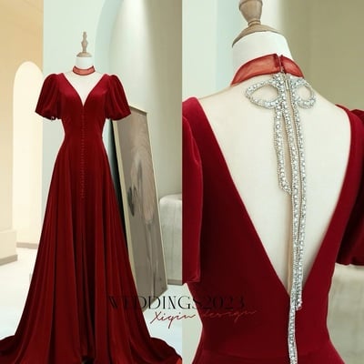 Burgundy velvet formal dress a-line v-neck prom dresses ,   open back evening dress