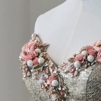 Champagne Jacquard Strapless Prom Dresses Floral Strapless Quinceanera Dresses - Thumbnail 6
