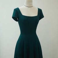 Simple style Dark Green Satin Cap Sleeves Sheath Tea length Evening Dress - Thumbnail 8