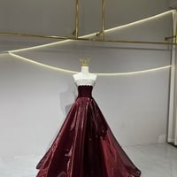 Burgundy A-Line Strapless Organza  Long Prom Dress, Burgundy Long Evening Dress - Thumbnail 2