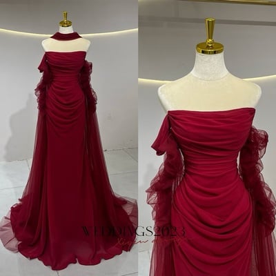 Strapless long sleeves mermaid chiffon off shoulder evening dress with bow burgundy prom dress