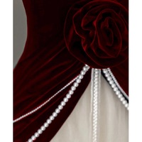 Elegant A-Line Tulle Velvet Long Evening Dress Burgundy/Ivory V-neck Wedding Guest Dress - Thumbnail 2