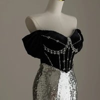 Elegant Silver Mermaid Off Shoulder Evening Gowns Chic Velvet Sequin Long Prom Dresses - Thumbnail 4