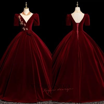 Elegant Burgundy Lace Flower Velvet Prom Dresses Ball Gown Scoop Neck Short Sleeve Backless Floor-Length / Long Prom Formal Dresses