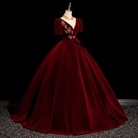 Elegant Burgundy Lace Flower Velvet Prom Dresses Ball Gown Scoop Neck Short Sleeve Backless Floor-Length / Long Prom Formal Dresses - Thumbnail 4
