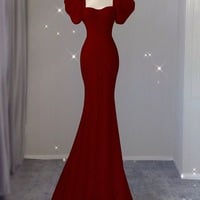 Sexy Mermaid Lace Party Dresses Red Short Sleeves Backlees Back Prom Dresses - Thumbnail 1