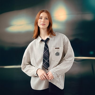 Letter embroidered vertical stripes long sleeve shirt with tie