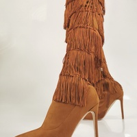 Fashion Multi-layered Fringe Over The Knee Boots Brown Suede Stretch Fabric Pointed Toe Zipper Winter Tall Boots - Thumbnail 6