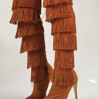 Fashion Multi-layered Fringe Over The Knee Boots Brown Suede Stretch Fabric Pointed Toe Zipper Winter Tall Boots - Thumbnail 2