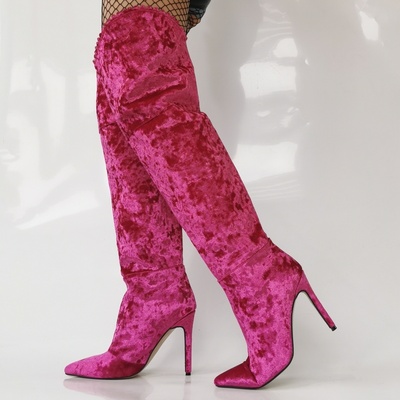 Velvet Knee High Boots - Pink