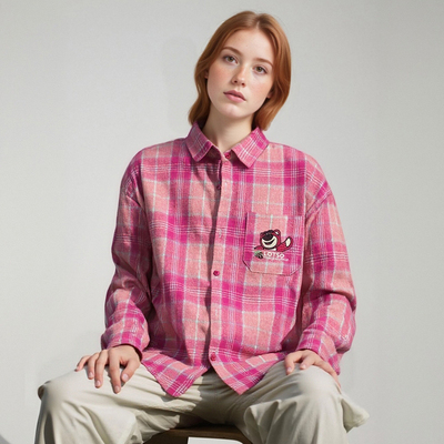 Rose Red Cartoon Bear Plaid INS Long Sleeve Shirt