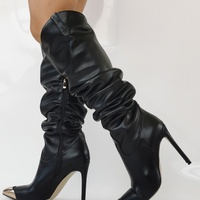 Women's Ruched Slouchy Knee High Boots Black - Thumbnail 1
