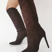Plus Size Brown Suede Pointed Toe Slip-On Ankle Boots, Fashionable Elegant Western Style Over-The-Knee Boot - Thumbnail 4