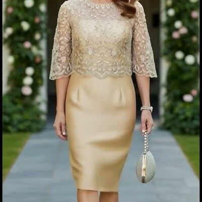 Champagne sheath lace jacket tea-length mother of bride/groom dress evening formal gowns 
