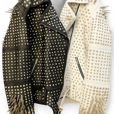 Crafted leather black white punk silver spiked studded leather brando style jacket