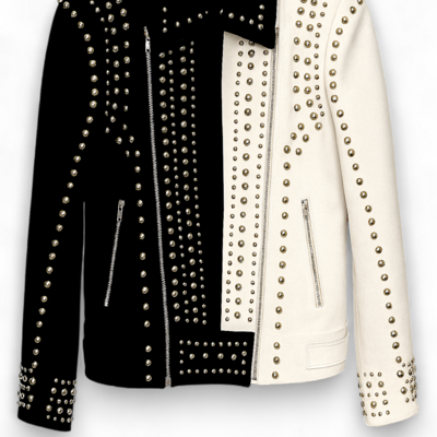 Crafted leather handmade black white suede leather punk style studded jackets for men