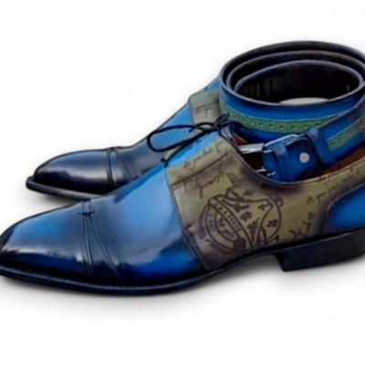 Crafted leather men custom made blue designer oxford lace up dress shoes with matching belt