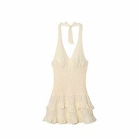 Casual V-neck halterneck sleeveless backless ruffled midi dress - Thumbnail 1