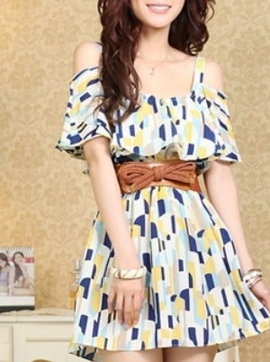 Women Summer Off-shoulder Ruffled Collar Yellow Chiffon Mini Dress One Size @RKD996660y 