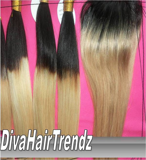 18, 20, 22 & 24" Brazilian Straight Dark to Platinum Blonde Ombre! [4 BUNDLES + CLOSURE SPEACIAL]