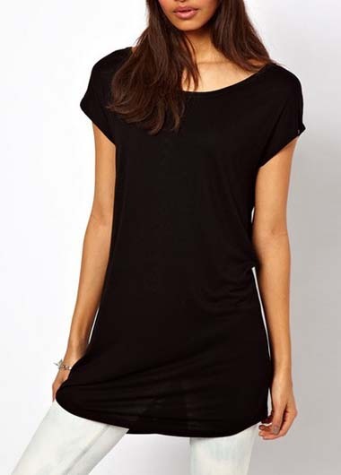 Simple Round Neck Cutout Design Black T Shirts