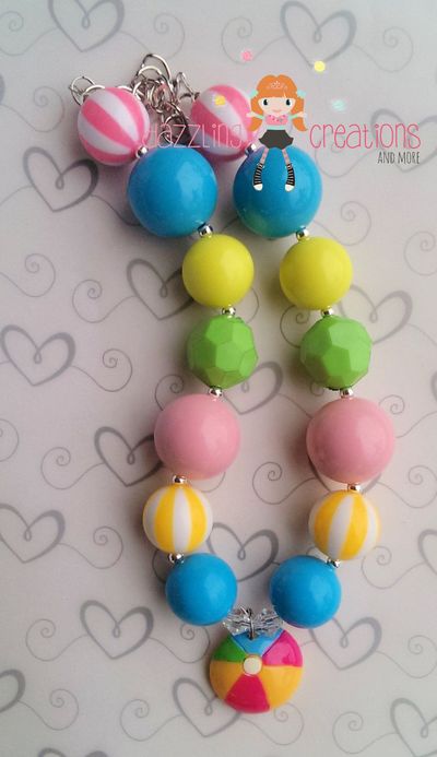 Summer beach ball pendant chunky necklace and matching bracelet/perfect beach photo props/bubblegum beads/girls jewelry