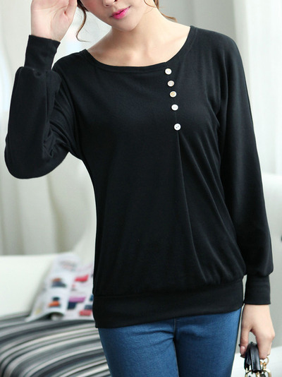 Women fashion round neck long sleeve shirt fla1089-3095-26-black