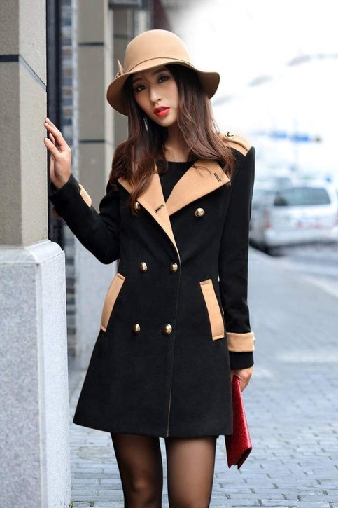 Blend Camel Black Long Sleeve Double Breasted Coat Black 