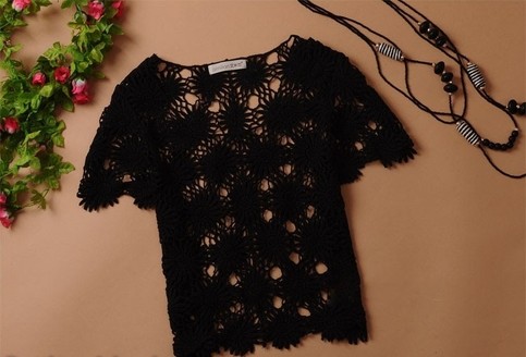 Flower Short Sleeve Cotton Lace Crochet Top Bikini Cover