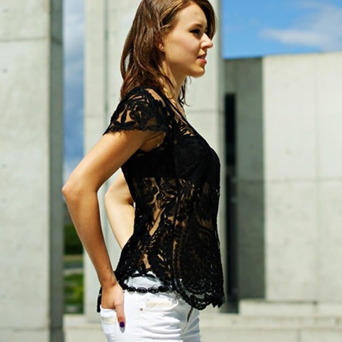 Lace Embroidered crochet Casual shirt blouse tops blusas Short sleeve