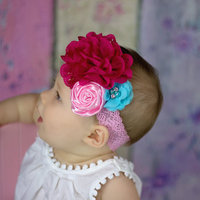 Ultimate boutique triple flowers in PINK white and AQUA shabby chic flower headband - Thumbnail 1