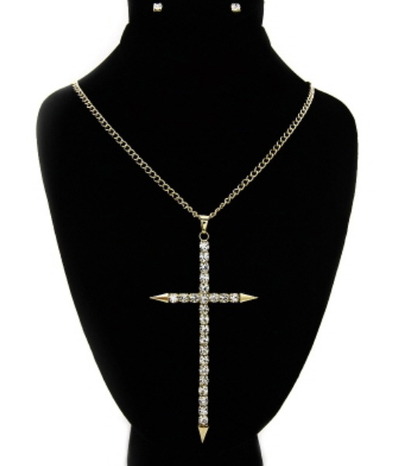 Gold crystal, Spike Cross Necklace & Studs