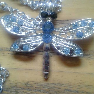Blue rhinestone & crystal dragonfly necklace