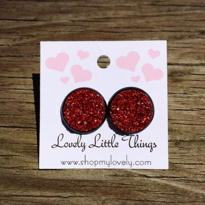 12mm dark red glitter studs with black setting 