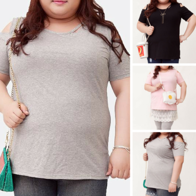 XL-4XL Gray/Black/Pink Plus Size Shoulder Off T-Shirt SP166561