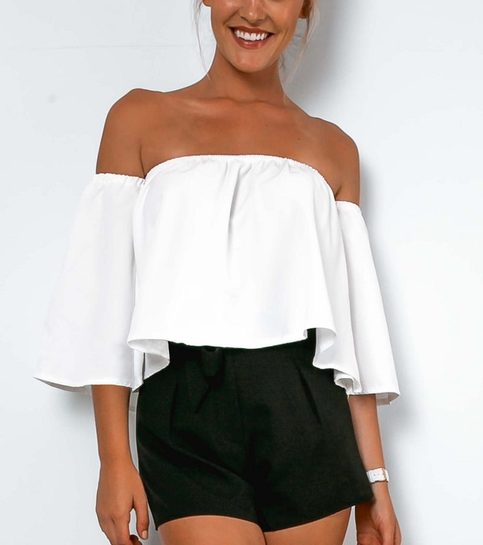 White&Black Elegant Off-Shoulder Sleeves Blouse