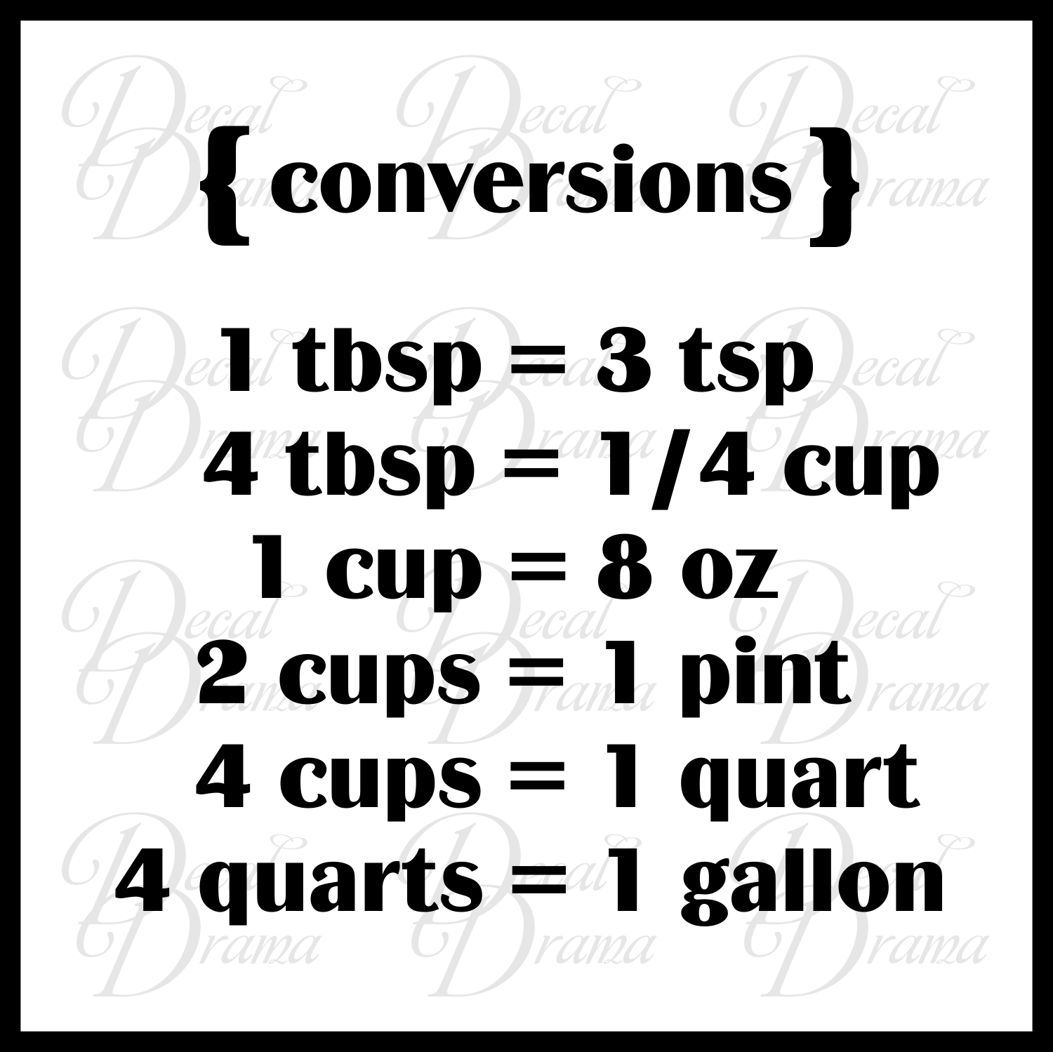 Decal Drama · Kitchen Conversions 1 tbsp = 3 tsp 4 tbsp = 1/4 cup 1 cup