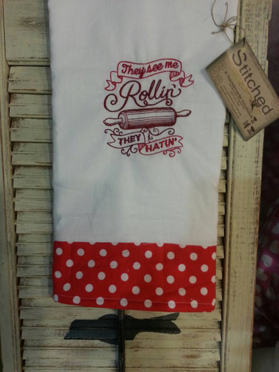Kitchen Sass Collection: They See Me Rollin, They Hatin Embroidered Kitchen Towel  In Cherry Red Polka Dot