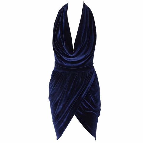 Navy Velvet Sleeveless Cowl Neck Elegant Wrap Dress