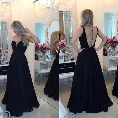 Backless charming prom dress,black prom dress,chiffon prom dress,beading prom dresses,evening dress z520