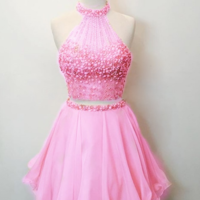 Halter Beading Two Pieces Homecoming Dress,Short Prom Dresses,Cocktail Dress,Homecoming Dress,Graduation Dress,Party Dress,Short Homecoming Dress F153 - Thumbnail 1